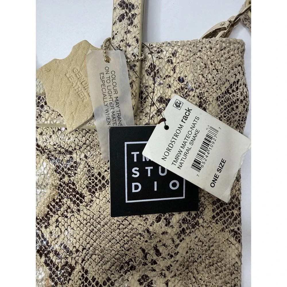 TMRW STUDIO Mateo Snakeskin Embossed Foldover Clutch Leather Tan Brown‎ Chic New